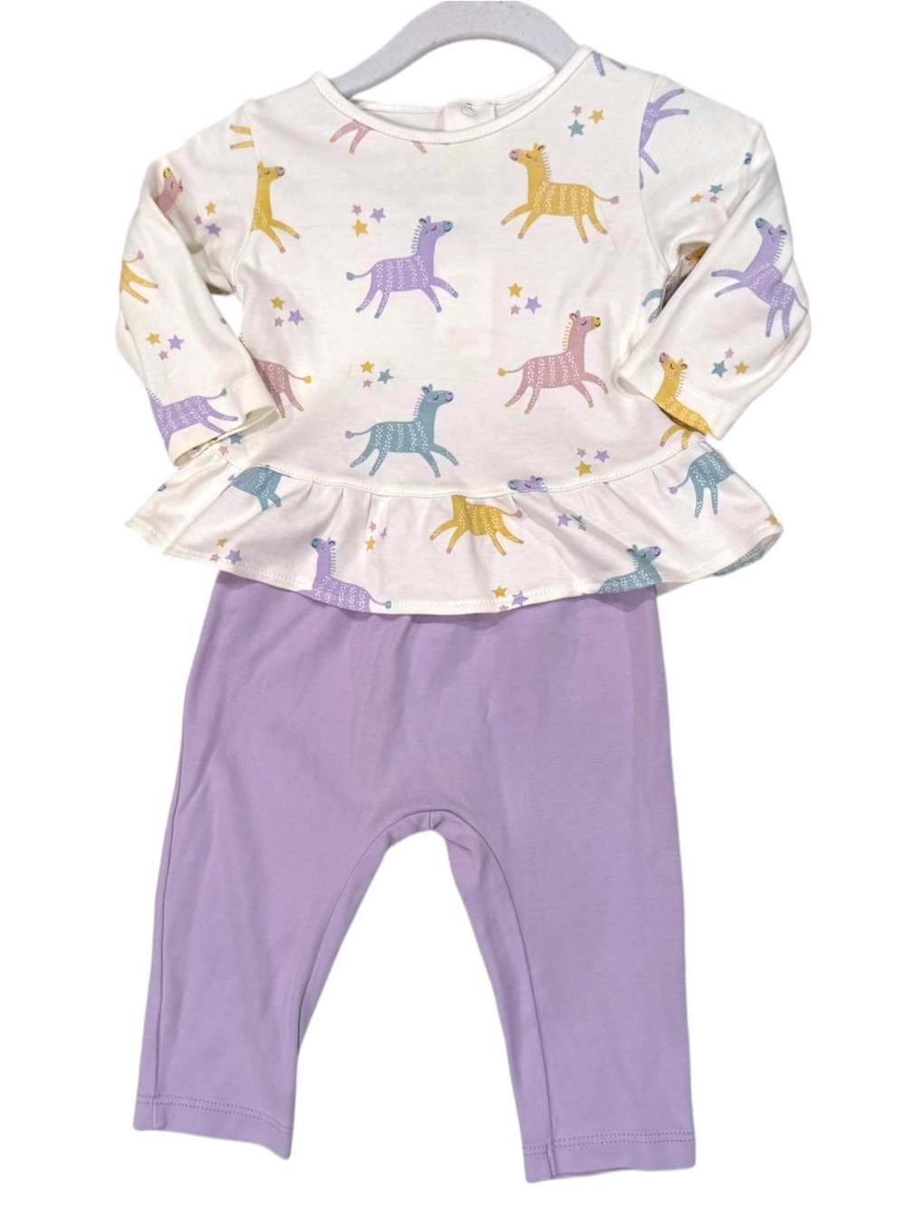 Kissy Kissy 2 Piece Zebra Peplum Top & Lavender Leggings Set 6-9 Months Pima Cot